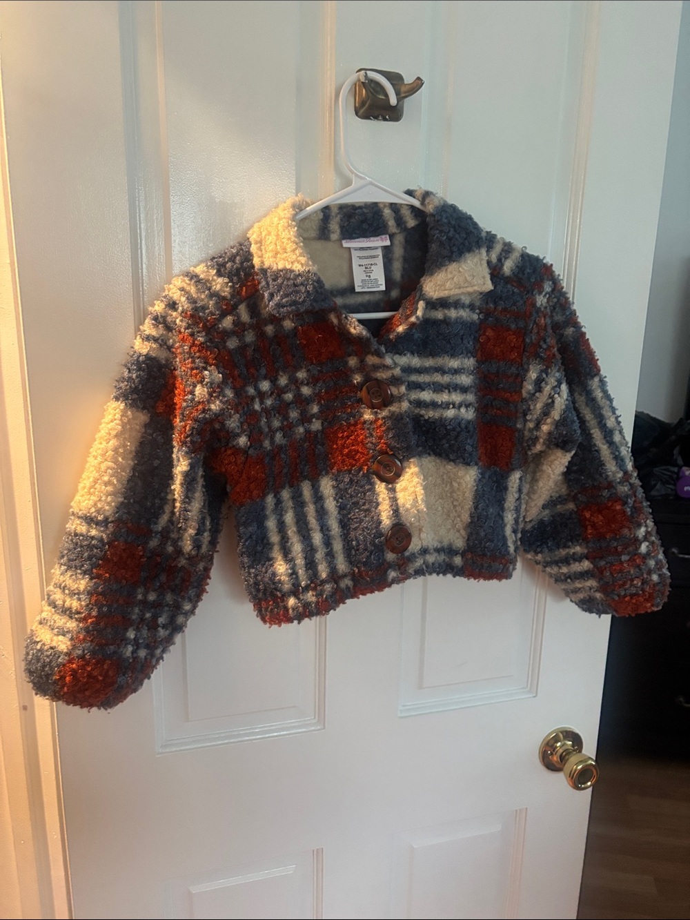 Bonnie Jean Plaid Sherpa Pea Coat - Blue, Cream & Brown